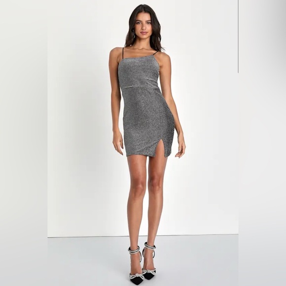 Lulus Take Me Anywhere Silver Sparkly Asymmetrical Bodycon Mini Dress - Size S - Picture 4 of 5